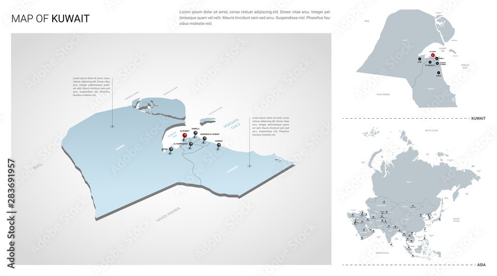 Vector set of Kuwait country.  Isometric 3d map, Kuwait  map, Asia map - with region, state names and city names.