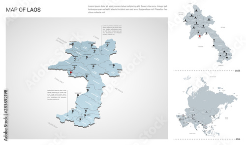 Vector set of Laos country.  Isometric 3d map, Laos map, Asia map - with region, state names and city names.