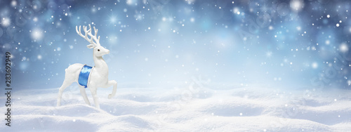 Winter snow background with snowdrifts, with beautiful light and snow flakes on the blue sky in the evening, banner format, copy space. © Laura Pashkevich