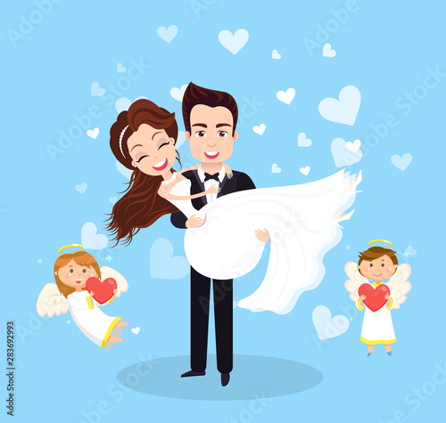 Husband holding wife, newlyweds portrait view, angel characters with heart, valentine postcard in blue color, woman embracing man, wedding vector