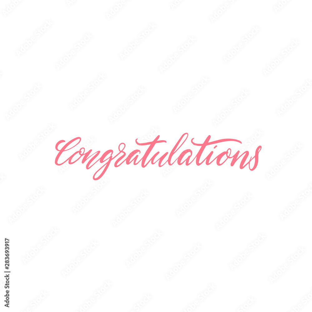 Congratulations banner. Modern calligraphy word for greeting card. Pink text isolated on white background.