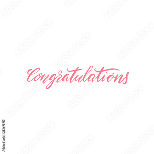 Congratulations banner. Modern calligraphy word for greeting card. Pink text isolated on white background.