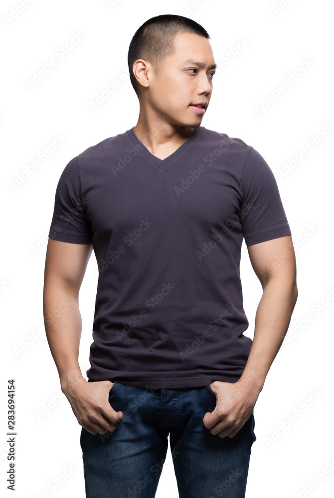 Grey on asian model for v-neck tshirt blank mockup template in your clothing design. Grey on asian model for v-neck tshirt blank mockup template in your clothing design.