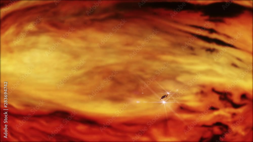 Probe orbiting a large gas planet with lightning and swirling clouds concept