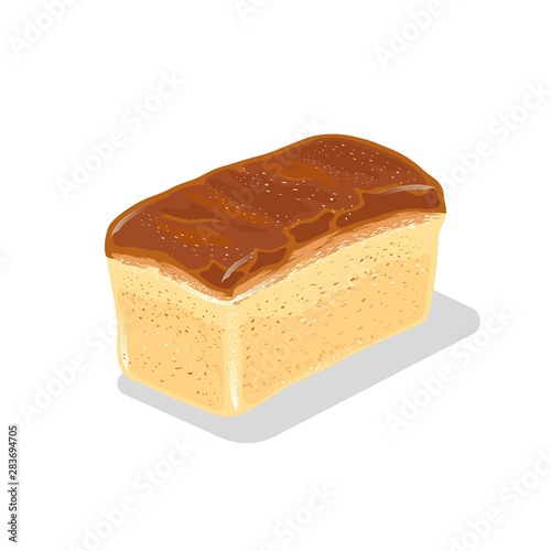 Loaf of wheaten white bread with crackling crust. Baked product from flour. Staple food. Vector cartoon icon isolated on white background for recipe, advertising, menu of bakery, cakery, bakehouse.