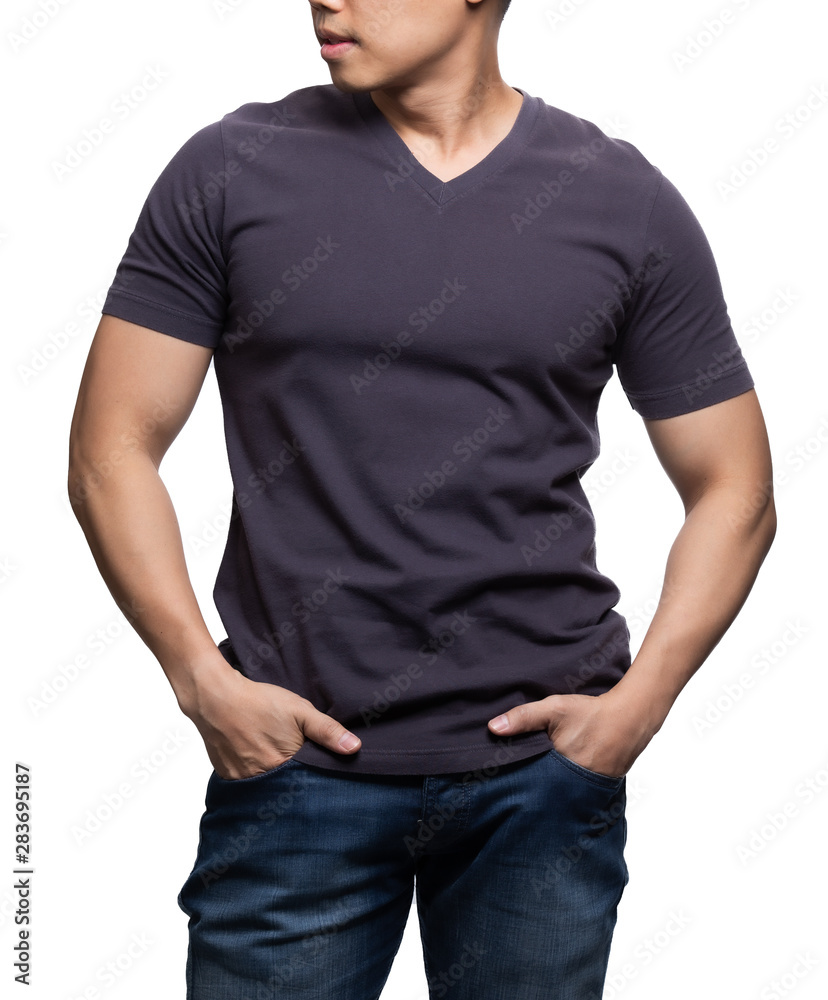 Grey on asian model for v-neck tshirt blank mockup template in your clothing design. Grey on asian model for v-neck tshirt blank mockup template in your clothing design.