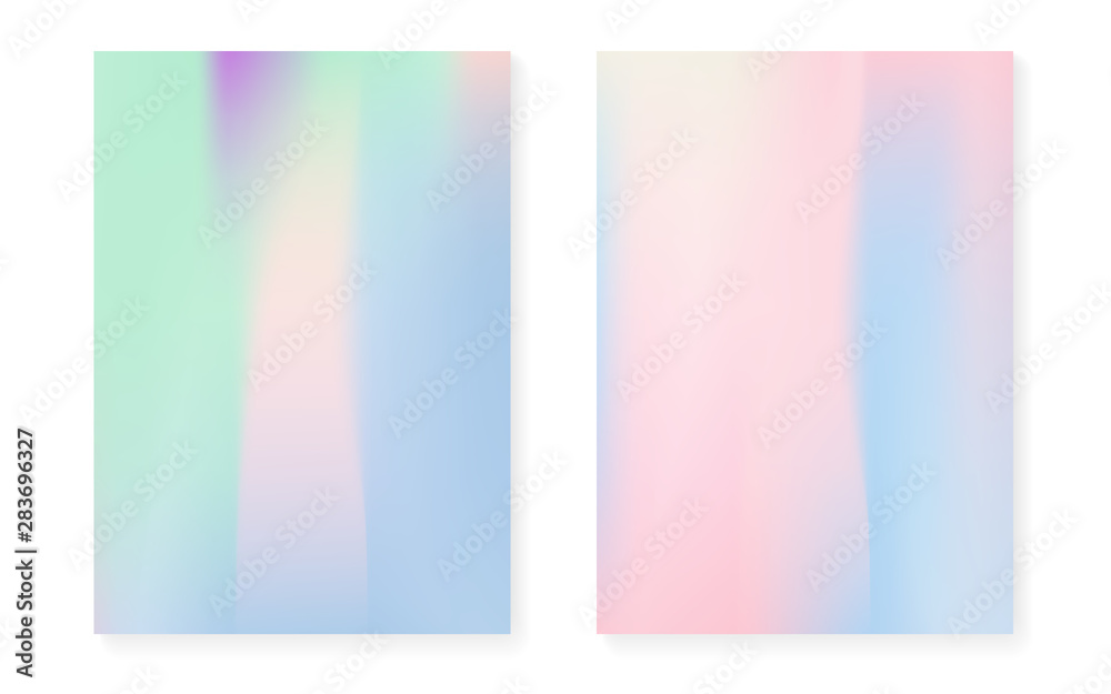 Holographic cover set with hologram gradient background. 90s, 80s retro style. Iridescent graphic template for flyer, poster, banner, mobile app. Multicolor minimal holographic cover.
