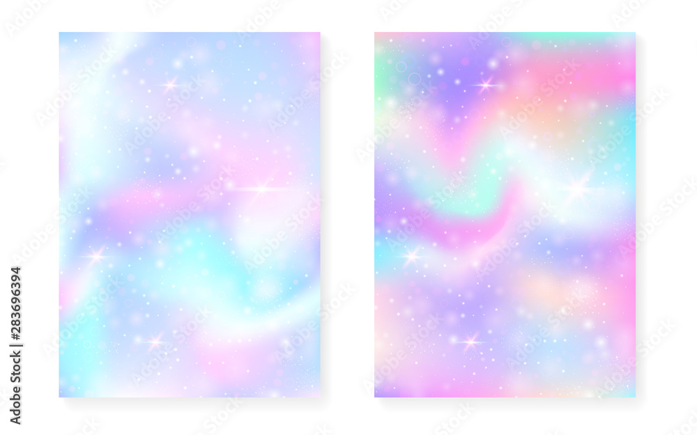 Kawaii background with rainbow princess gradient. Magic unicorn hologram. Holographic fairy set. Fluorescent fantasy cover. Kawaii background with sparkles and stars for cute girl party invitation.