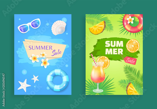 Summer sale vector shaped ribbon, leaflet sample. Inflatable ring and flower, sun glasses, star and shell, pieces of fruit, palm leaves and cocktail