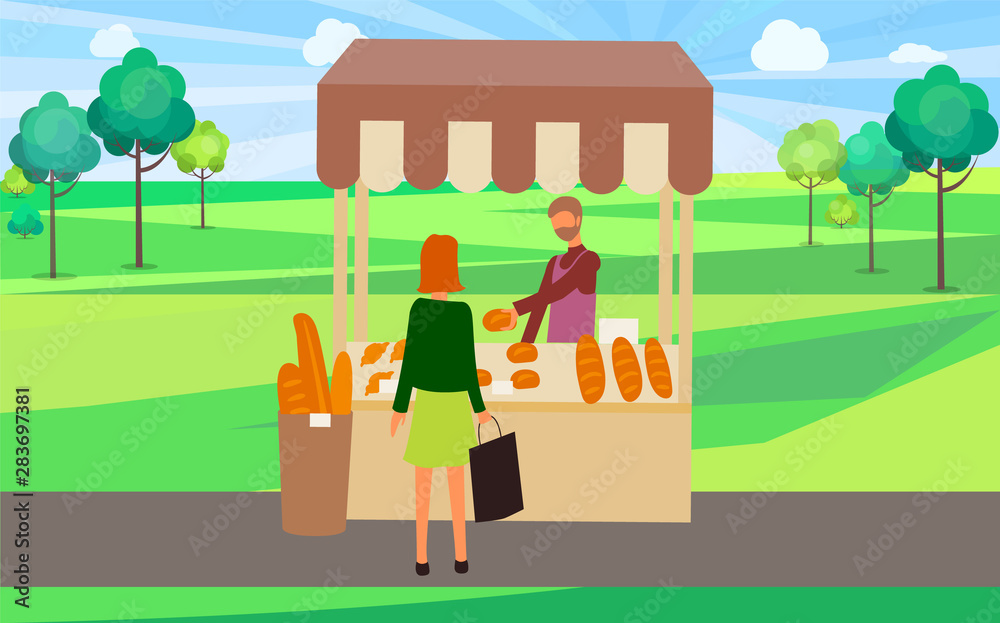 Person selling buns and freshly baked bread vector, summer fair in park. Seller and customer, woman at market with bag shopping at store purchase Person selling buns and freshly baked bread vector, summer fair in park. Seller and customer, woman at market with bag shopping at store purchase