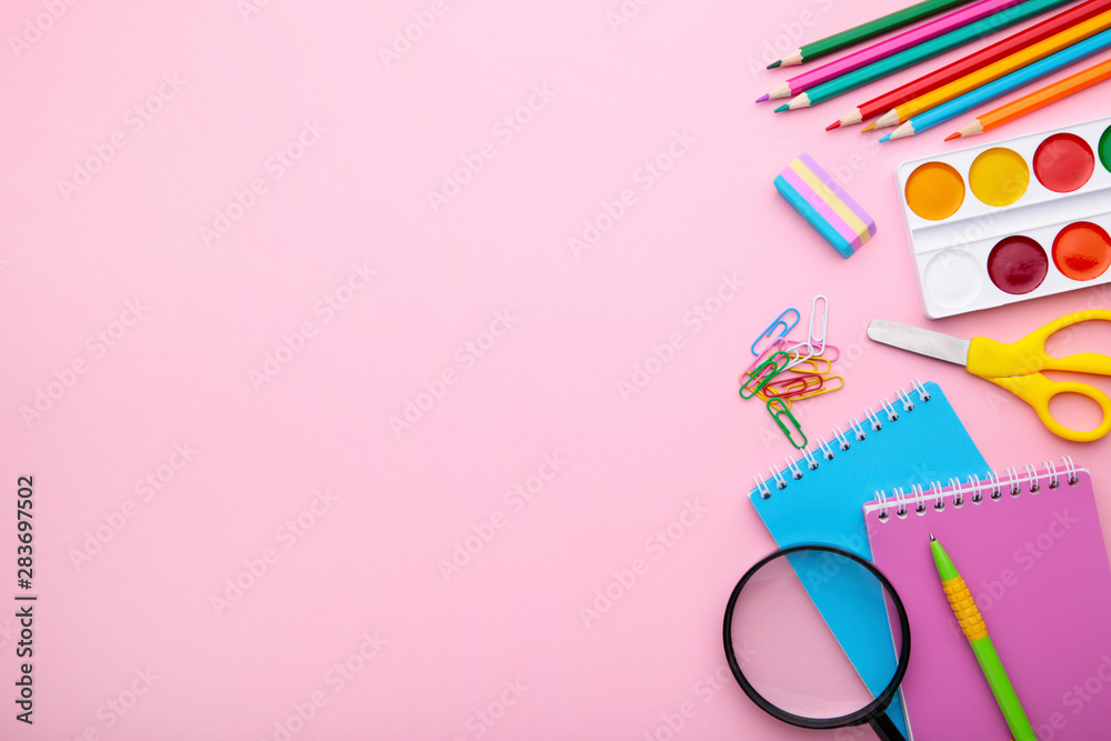 Back to school concept on pink background with copy space Back to school concept on pink background with copy space