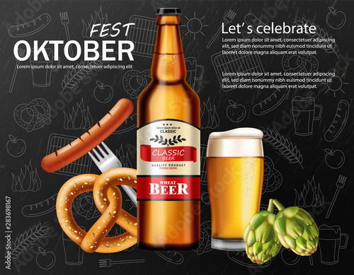 October fest poster Vector realistic. Beer, pretzel, grill sausage food. 3d i...