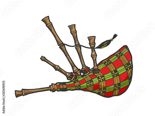 Bagpipes instrument color sketch engraving vector illustration. Scratch board style imitation. Black and white hand drawn image.