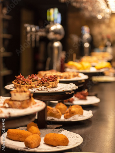 Close-up view of wide variety of tapas in Spain