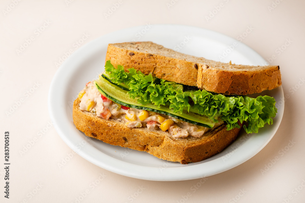 Sandwich with tuna and vegetables on plate Sandwich with tuna and vegetables on plate