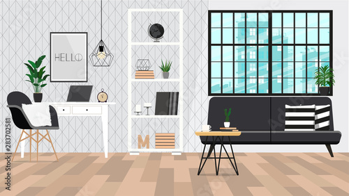 Modern interior design of a living room or office space in an industrial style.