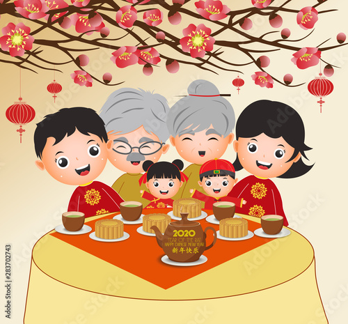 Mid autumn festival or Chinese new year banner illustration with happy family with traditional food (Chinese translation Happy chinese new year)