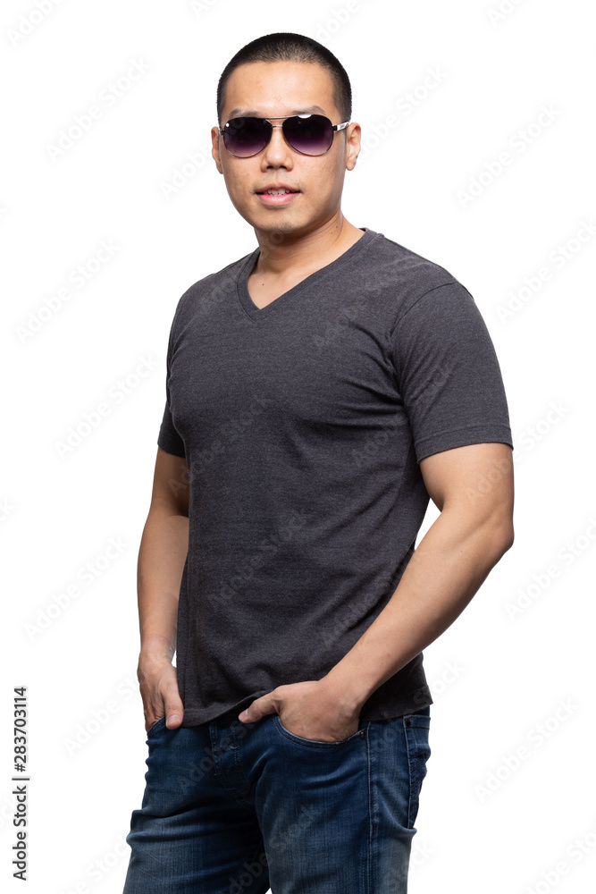 Dark grey on asian model for v-neck tshirt blank mockup template Dark grey on asian model for v-neck tshirt blank mockup template