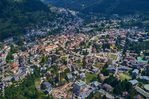 Panoramic view of the Ponte di Legno region of Trento the north of Italy. The popular ski resort town of Ponte di Legno. Summer time of the year. Aerial view. Photo taken on a drone. © Berg