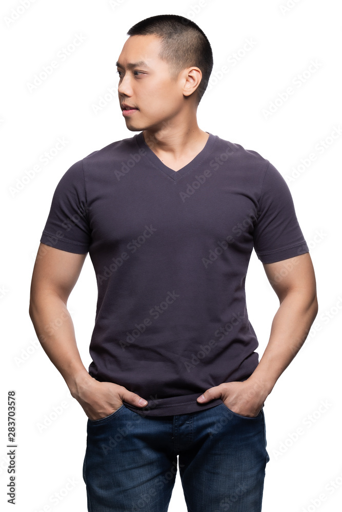 Grey on asian model for v-neck tshirt blank mockup template in your clothing design. Grey on asian model for v-neck tshirt blank mockup template in your clothing design.