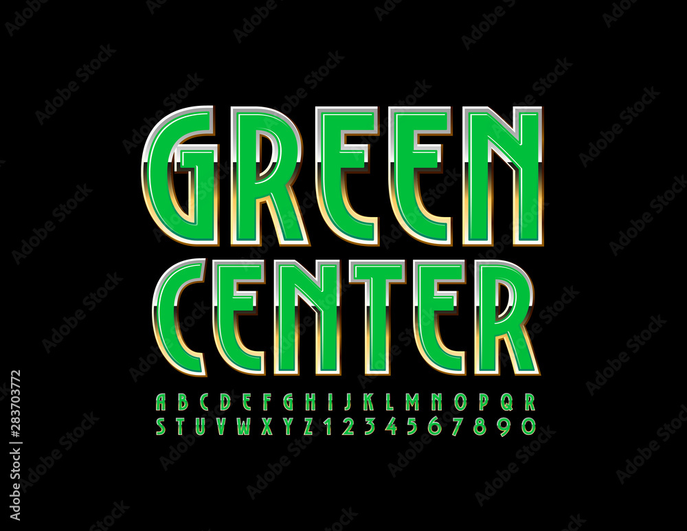 Vector stylish Emblem Green Center. Modern elegant Font. Shiny Uppercase Alphabet Letters and Numbers Vector stylish Emblem Green Center. Modern elegant Font. Shiny Uppercase Alphabet Letters and Numbers