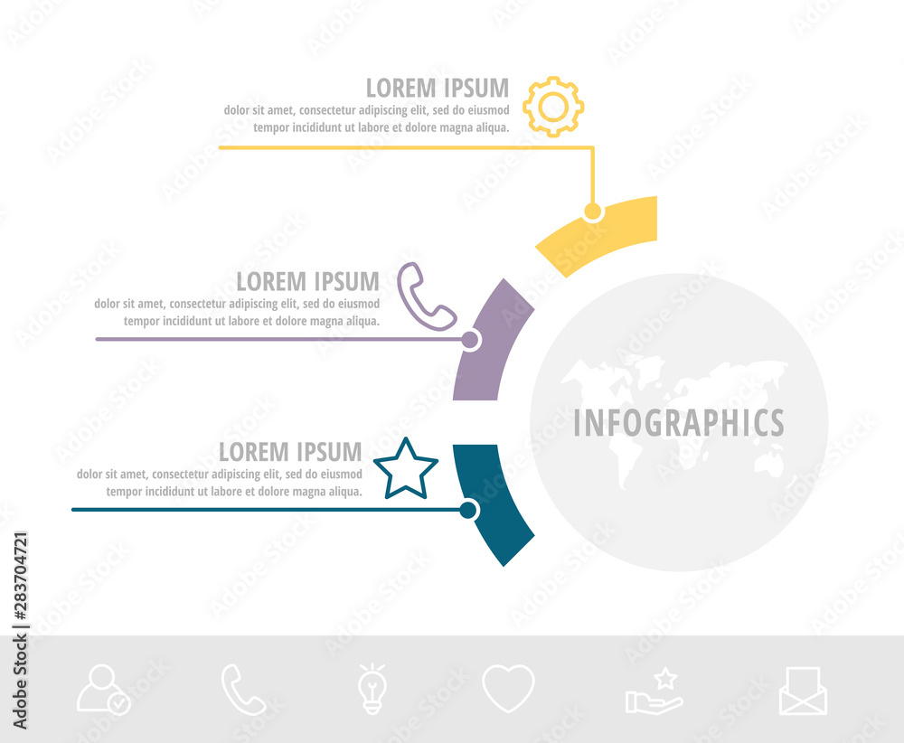 Unique vector infographic flat template circles with three sectors, labels. Business concept with 3 options. For brochure, step for step, timeline, workflow, marketing, diagram, graph, presentation