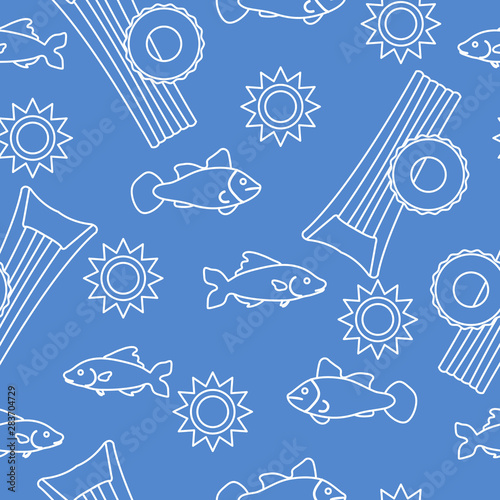 Pattern with fish, sun, inflatable mattress.