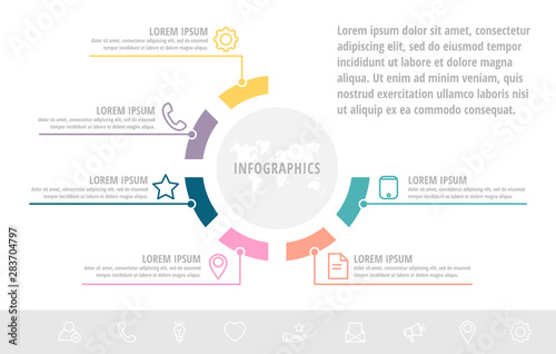 Unique vector infographic flat template circles with six sectors, labels. Business concept with 6 options. For brochure, step for step, timeline, workflow, marketing, diagram, graph, presentation