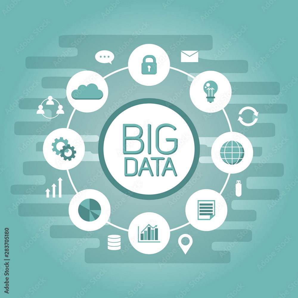 Big data concept surrounded computer files documents on green Big data concept surrounded computer files documents on green