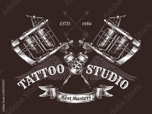 Vintage tattoo studio poster with two crossed tattoo machines. Vector poster in hand drawn sketch style