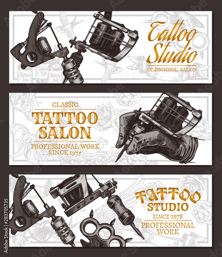 Hand drawn horizontal vector tattoo studio banners with sketch engraving illustration on white. Monochrome templates set for tattooist salon