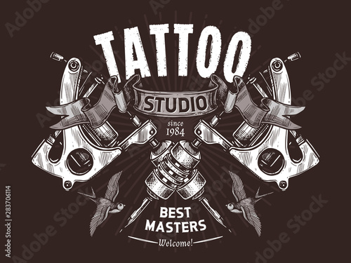 Tattoo studio engraving vector logo. Template of emblem for tattooist. Badge with two crossed machines on black