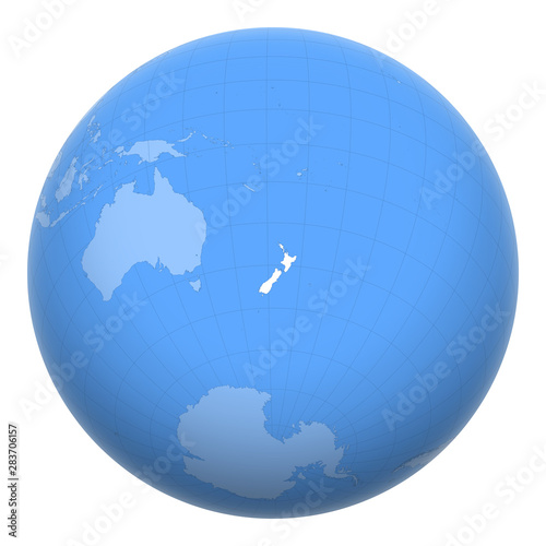 New Zealand on the globe. Earth centered at the location of New Zealand. Map of New Zealand. Includes layer with capital cities.