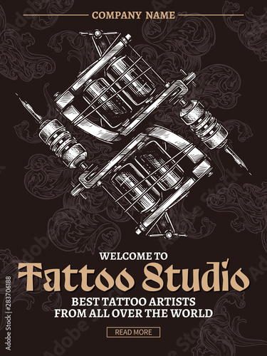 Tattoo studio vintage poster  with typography and tattoo machines in engraving vector style