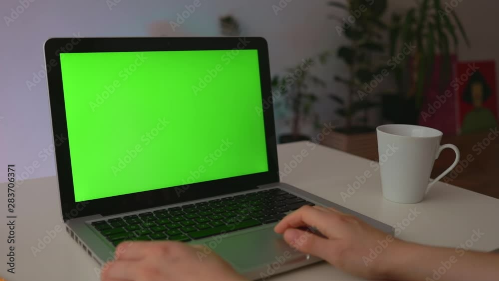 Business woman working in office interior on pc on desk, looking at green screen. Office person using laptop computer with laptop green screen, sitting at wooden table Business woman working in office interior on pc on desk, looking at green screen. Office person using laptop computer with laptop green screen, sitting at wooden table