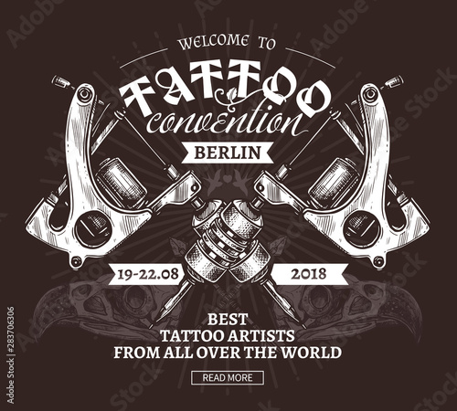 Vector hand drawn trendy poster for tattoo convention in engraving style. Sketch illustration of vintage machines on black