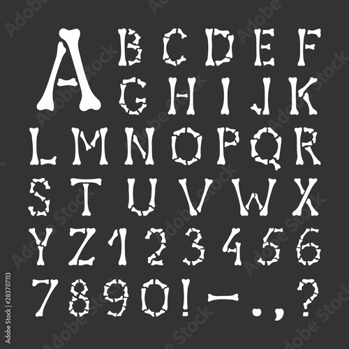 Alphabet. Capital letters and numbers made of bones on a black background. Hand drawing style. Vector illustration photo