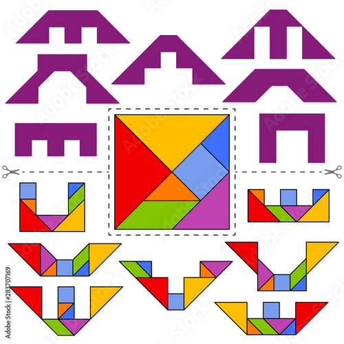 Set of vector tangram puzzles (geometric puzzle) for the development of logical thinking of children and adults. Collection of 7 bridges and arches (shapes and answer card). Vector illustration