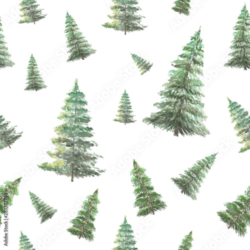 Summer bright green spruce seamless pattern hand drawn watercolor isolated on white background