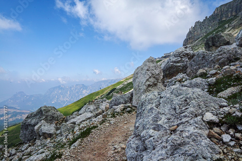 view from Gruppo del Catinaccio Rosengarten Group Dolomites, Italy, Hirzelweg