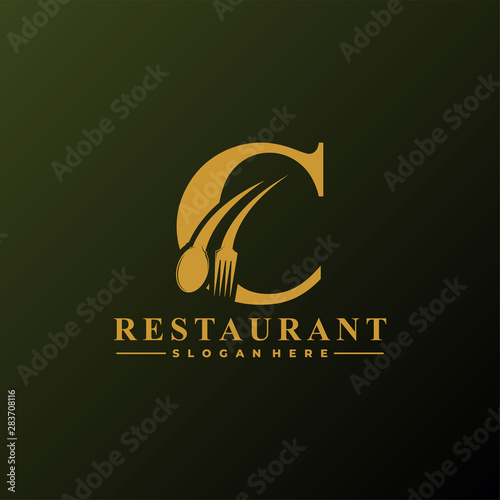 Initial Letter C Logo with Spoon And Fork for Restaurant logo Template. Editable file EPS10.