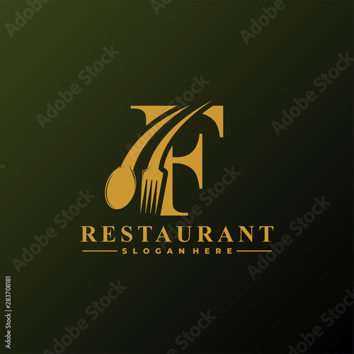 Initial Letter F Logo with Spoon And Fork for Restaurant logo Template. Editable file EPS10.