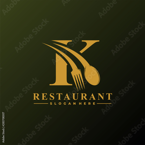 Initial Letter K Logo with Spoon And Fork for Restaurant logo Template. Editable file EPS10.