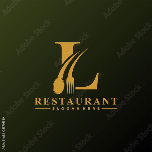 Initial Letter L Logo with Spoon And Fork for Restaurant logo Template. Editable file EPS10.