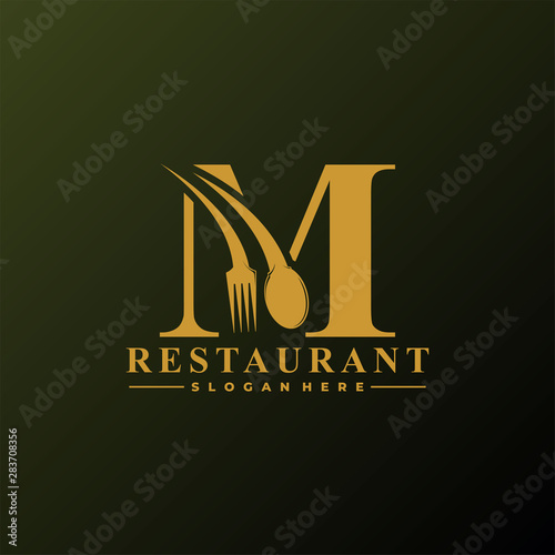 Initial Letter M Logo with Spoon And Fork for Restaurant logo Template. Editable file EPS10.