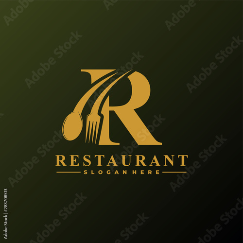 Initial Letter R Logo with Spoon And Fork for Restaurant logo Template. Editable file EPS10.