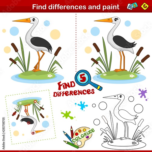 Set for children. Find five differences and color. A stork bird stands in the reeds.