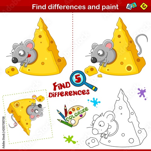 Set for children. Find five differences and color. A hungry mouse sits in cheese and reaches for a piece of cheese.