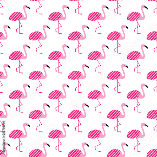 Pink flamingos birds summer seamless pattern. Vector illustration.
