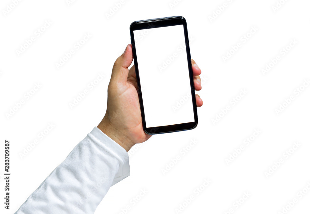 Hand of male holding black smartphone isolated on white background with clipping path. Hand of male holding black smartphone isolated on white background with clipping path.
